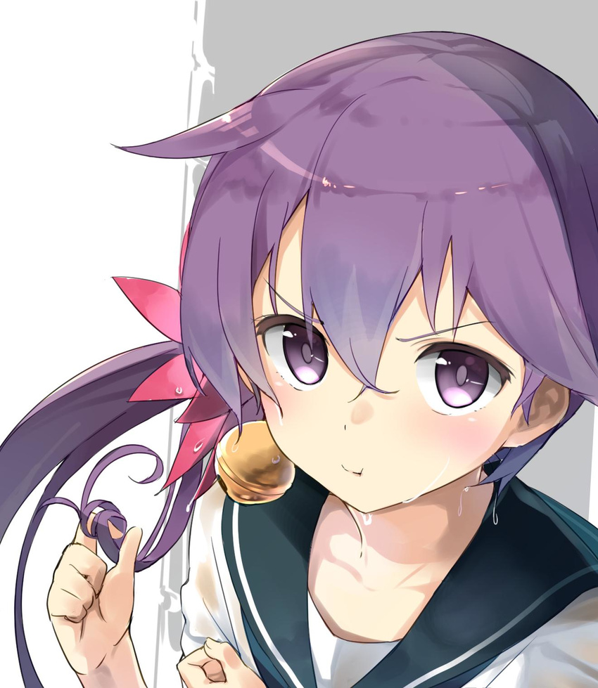 :t akebono_(kancolle) bell commentary_request female flower hair_bell hair_flower hair_ornament highres jingle_bell kantai_collection long_hair looking_at_viewer max_melon pout purple_eyes purple_hair school_uniform serafuku side_ponytail twirling_hair very_long_hair wet wet_clothes