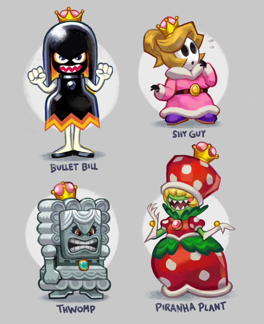 4girls ballooncar black_skin blush_stickers character_name clenched_hands colored_skin commentary_request dress elbow_gloves finger_to_mouth flying_sweatdrops fur_trim gem gloves green_skin grey_background grey_skin hair_over_eyes highres mario_(series) multiple_girls new_super_mario_bros._u_deluxe princess_bullet_bill princess_piranha_plant princess_shy_guy princess_thwomp puffy_short_sleeves puffy_sleeves sharp_teeth short_sleeves simple_background super_crown teeth