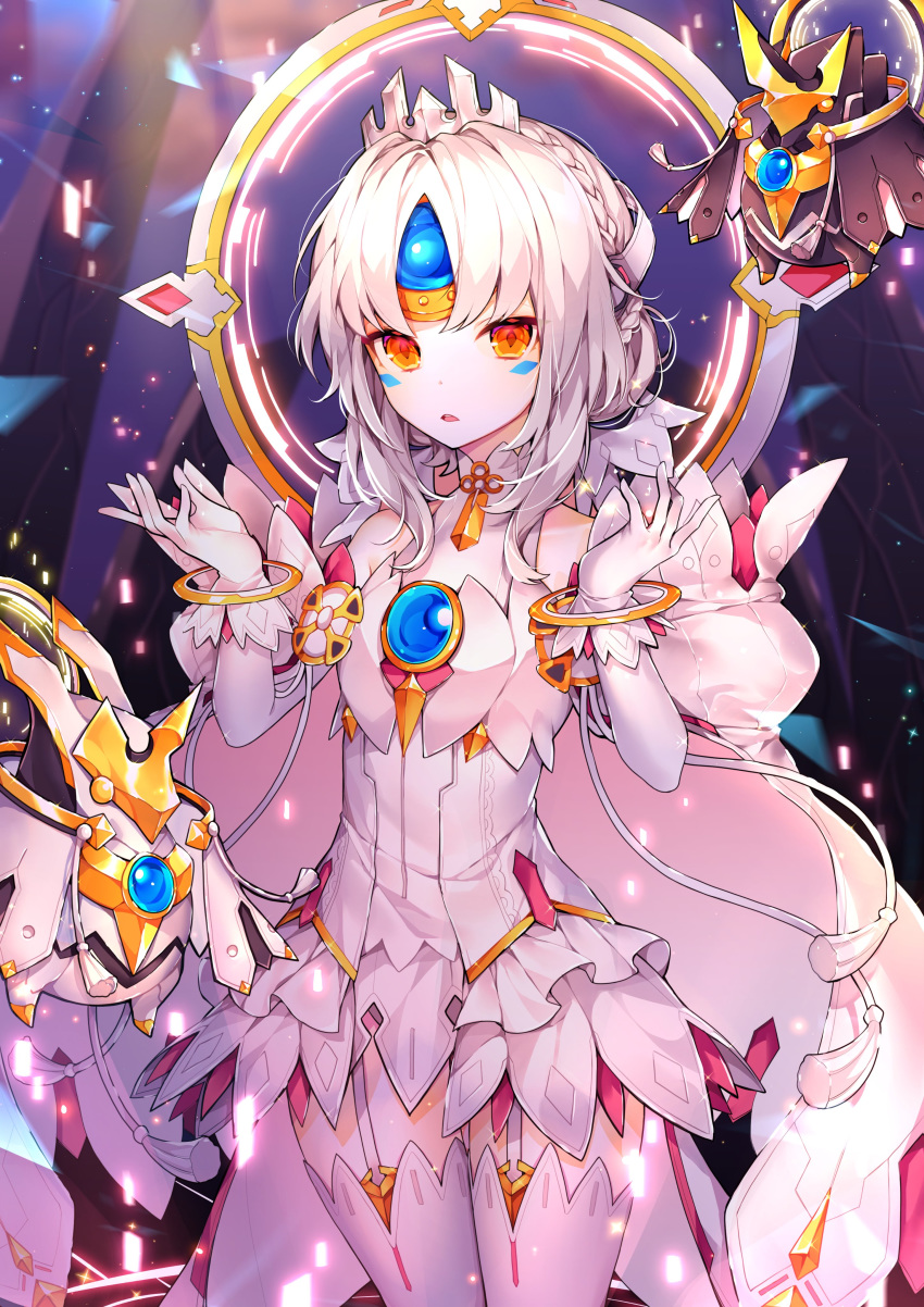 absurdres bad_id bad_twitter_id bare_shoulders braid cloak code:_esencia_(elsword) crown detached_sleeves drone elsword energy eve_(elsword) facial_mark female forehead_jewel gem gloves ha_youn highres moby_(elsword) open_mouth remy_(elsword) ringlets solo white_hair yellow_eyes