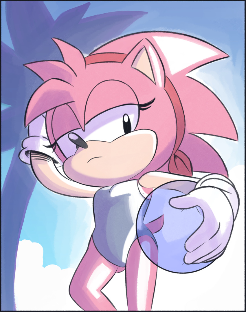 2018 absurd_res accessory amy_rose anthro ball beach_ball black_eyes blue_border border classic_amy_rose classic_sonic_(universe) clothing eulipotyphlan eyelashes female fur gloves hair hair_accessory hairband half-closed_eyes hand_on_head handwear hedgehog hi_res inflatable looking_at_viewer looking_down low-angle_view mammal narrowed_eyes ninoeros one-piece_swimsuit pink_body pink_fur pink_hair pose quills_(anatomy) sega short_hair solo sonic_the_hedgehog_(series) swimwear young