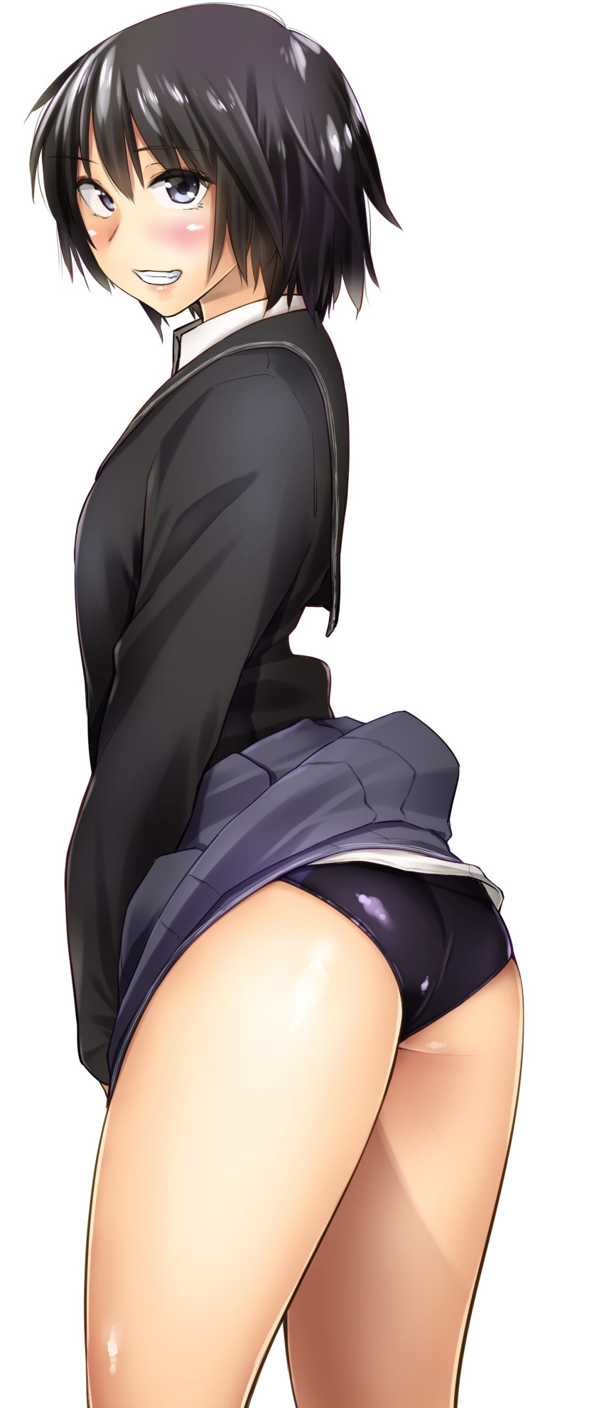 absurdres amagami ass black_eyes black_hair black_jacket black_one-piece_swimsuit blazer blush clothes_lift commentary_request competition_swimsuit eisuke_(gobangai_hole_boys) female from_side grey_skirt grin hair_between_eyes highres jacket kibito_high_school_uniform long_sleeves looking_at_viewer miniskirt nanasaki_ai one-piece_swimsuit school_uniform short_hair simple_background skirt skirt_lift smile standing swimsuit swimsuit_under_clothes white_background