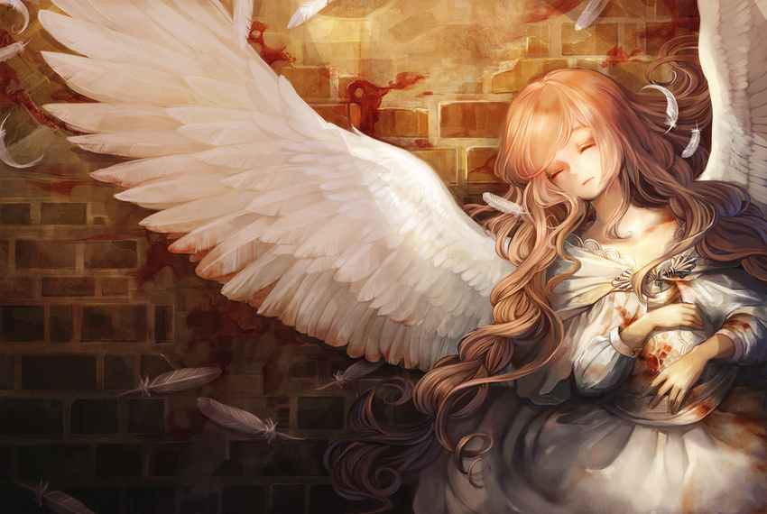 aka_tonbo_(lovetow) angel angel_wings blood braid brown_hair closed_eyes commentary_request dress feathered_wings feathers female long_hair lying on_back original photoshop_(medium) solo wings