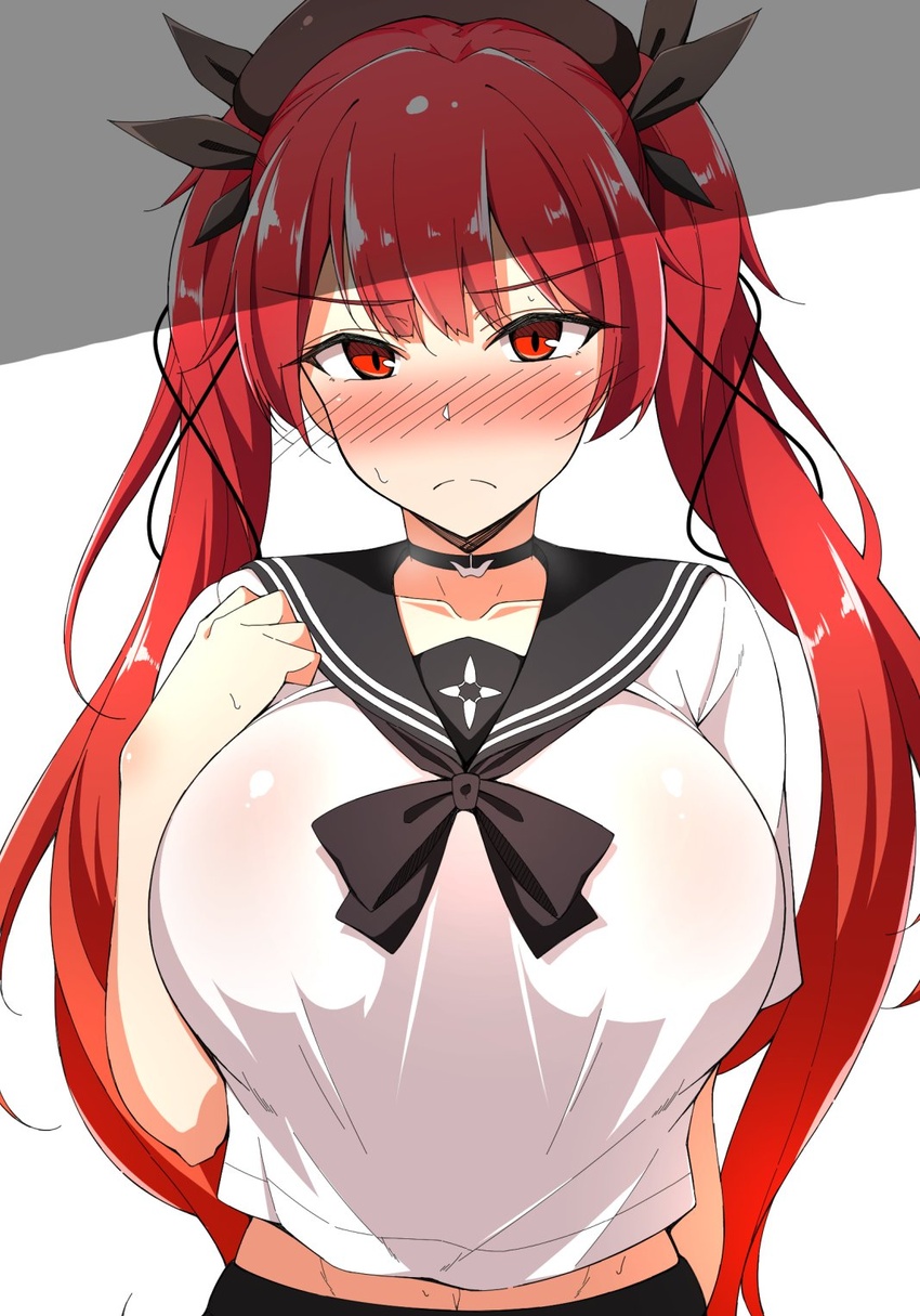 azur_lane beret black_choker black_ribbon black_skirt blush breasts choker closed_mouth collarbone commentary_request female fuurai_(resuty) hair_ribbon hat highres honolulu_(azur_lane) honolulu_(umbrella_girl)_(azur_lane) huge_breasts long_hair looking_at_viewer navel nose_blush official_alternate_costume red_eyes red_hair ribbon sailor_collar school_uniform serafuku shirt short_sleeves sidelocks skirt solo twintails white_shirt