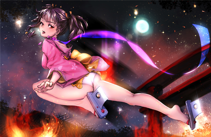 ass bare_legs bell black_hair blush bow building burning cherry_blossoms choker commentary female fire floral_print frills full_body geta hair_ribbon japanese_clothes jingle_bell jumping kimono koutetsujou_no_kabaneri lens_flare long_sleeves looking_at_viewer looking_back mumei_(kabaneri) nal_(nal's_pudding) night night_sky open_mouth outdoors panties photoshop_(medium) purple_bow purple_ribbon red_eyes ribbon ribbon_choker sash short_kimono signature sky solo star_(sky) tongue tongue_out torii transparent tree twintails underwear white_panties wide_sleeves yellow_bow yellow_ribbon