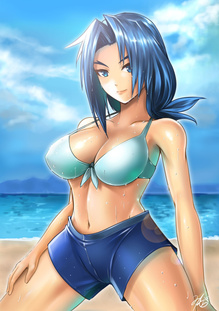 beach bikini bikini_top_only blue_eyes blue_hair breasts cleavage commentary_request day female forked_eyebrows future_card_buddyfight highres large_breasts long_hair looking_at_viewer mature_female miga_(migao) mikado_suzumi navel outdoors sand smile solo swimsuit water wet