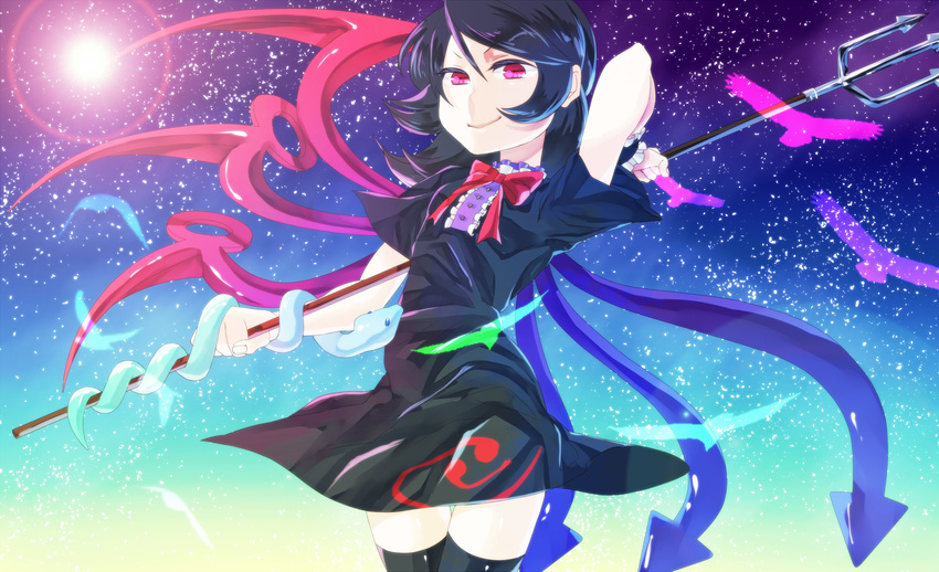 asymmetrical_wings bad_id bad_pixiv_id black_dress black_hair black_thighhighs blue_wings bow commentary_request cowboy_shot dress female gradient_background highres houjuu_nue lens_flare looking_at_viewer nappooz polearm red_eyes red_wings ribbon short_hair smile snake solo sun thighhighs touhou trident weapon wings wrist_cuffs zettai_ryouiki