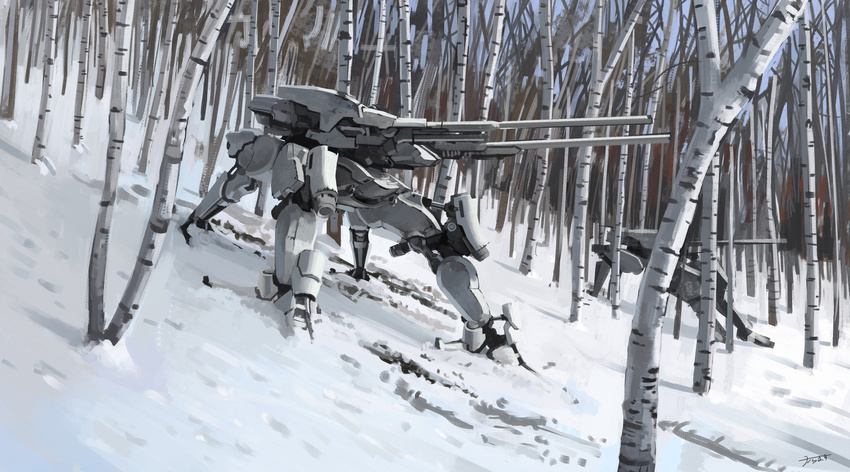 absurdres commentary_request highres karamas mecha no_humans original outdoors realistic robot science_fiction snow tree walker_(robot)