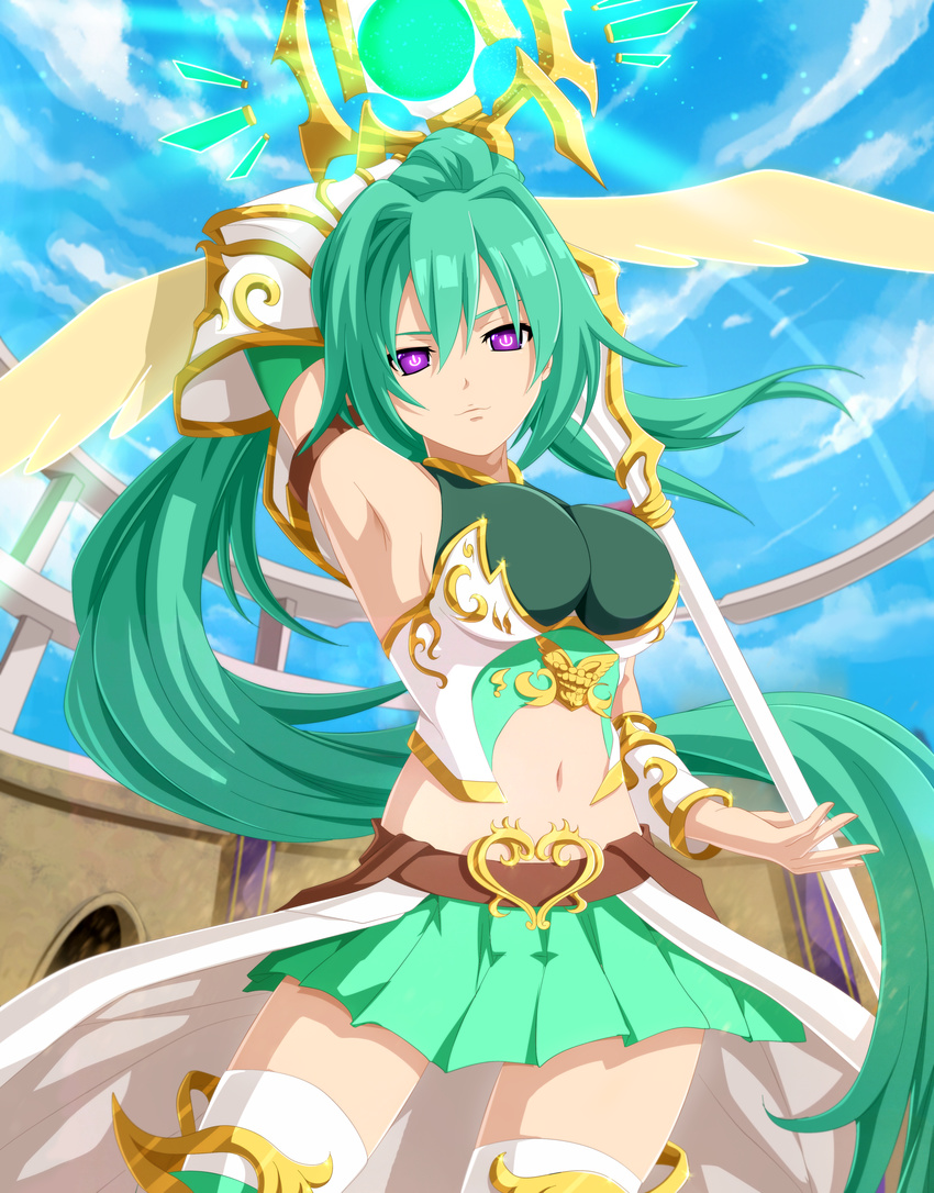 absurdres alternate_costume arm_up armpits blush breasts cleavage cloud commentary cowboy_shot day english_commentary female green_hair green_heart_(neptunia) highres holding holding_weapon large_breasts long_hair midriff navel neptune_(series) planeptune pleated_skirt polearm ponytail purple_eyes skirt sly solo spear symbol-shaped_pupils very_long_hair weapon wings