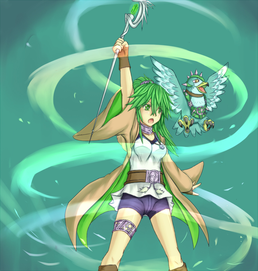 bird duel_monster female fingerless_gloves gloves green_eyes green_hair highres long_hair msa0011s open_mouth ponytail shorts staff standing wind wynnda,_miko_of_the_gusta wynnda_miko_of_the_gusta yu-gi-oh!