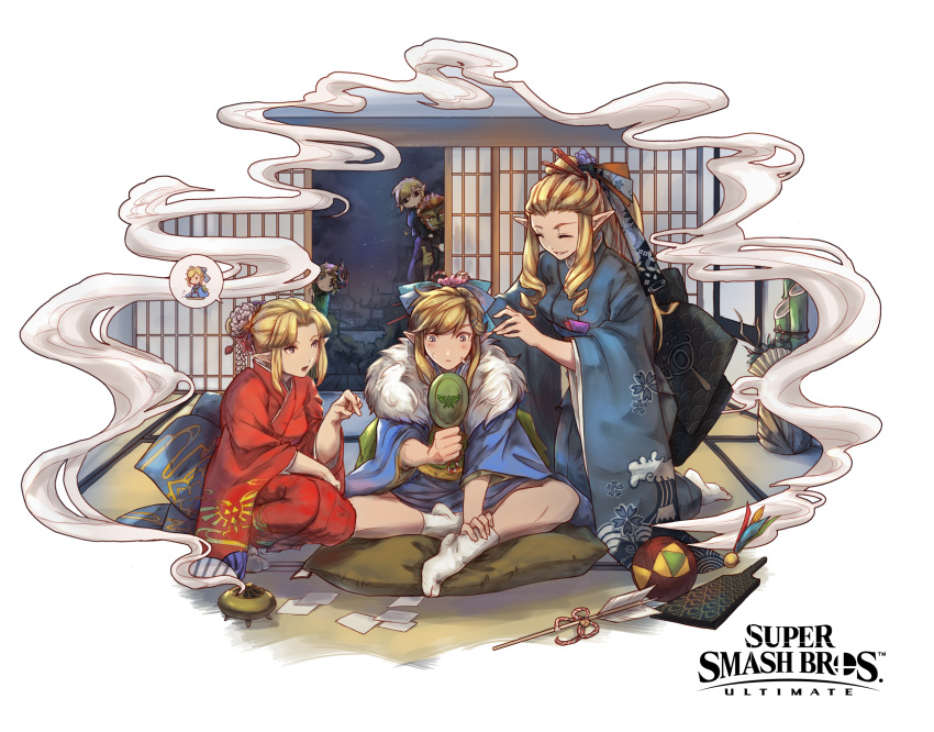 2girls 3boys androgynous arrow_(projectile) bandages blonde_hair blue_eyes blush braid closed_eyes commentary ct_wind floral_print flower ganondorf gerudo hagoita hair_flower hair_ornament hakama hakama_skirt hanetsuki highres japanese_clothes kanzashi kimono link long_hair long_sleeves looking_at_viewer multiple_boys multiple_girls new_year obi open_mouth otoko_no_ko paddle pointy_ears ponytail princess_zelda red_eyes sash seigaiha sheik short_hair short_kimono simple_background skirt smile socks super_smash_bros. the_legend_of_zelda the_legend_of_zelda:_a_link_between_worlds the_legend_of_zelda:_breath_of_the_wild the_legend_of_zelda:_majora's_mask the_legend_of_zelda:_ocarina_of_time the_legend_of_zelda:_the_wind_waker toon_link triforce tsumami_kanzashi wide_sleeves young_link