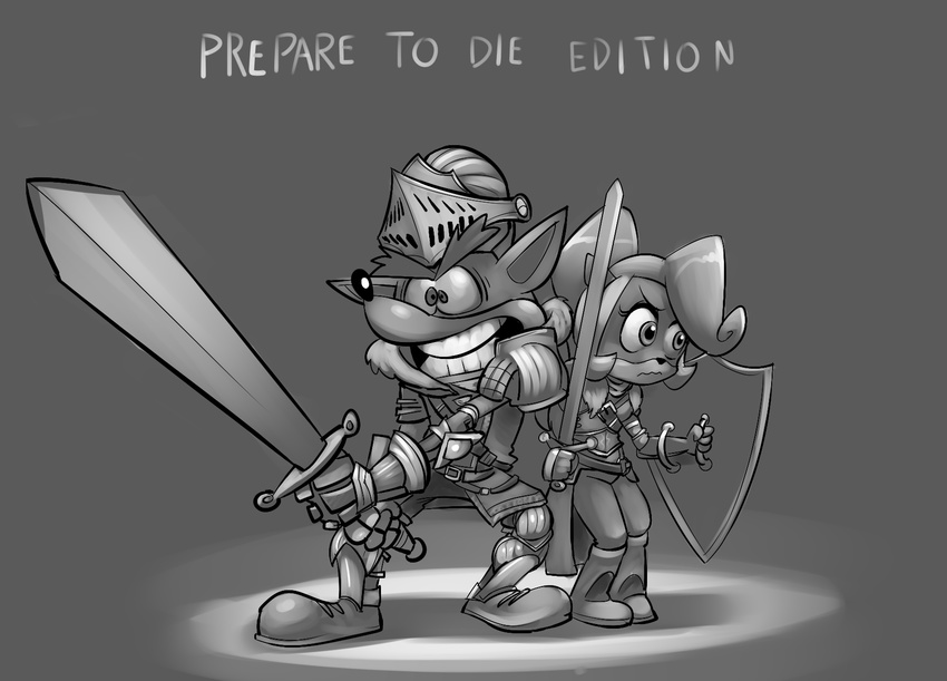 activision anthro armor bandicoot brother_(lore) brother_and_sister_(lore) coco_bandicoot crash_(series) crash_bandicoot dark_souls english_text female fromsoftware grey_background hi_res male mammal mario-grant marsupial melee_weapon monochrome shield sibling_(lore) simple_background sister_(lore) sword text weapon