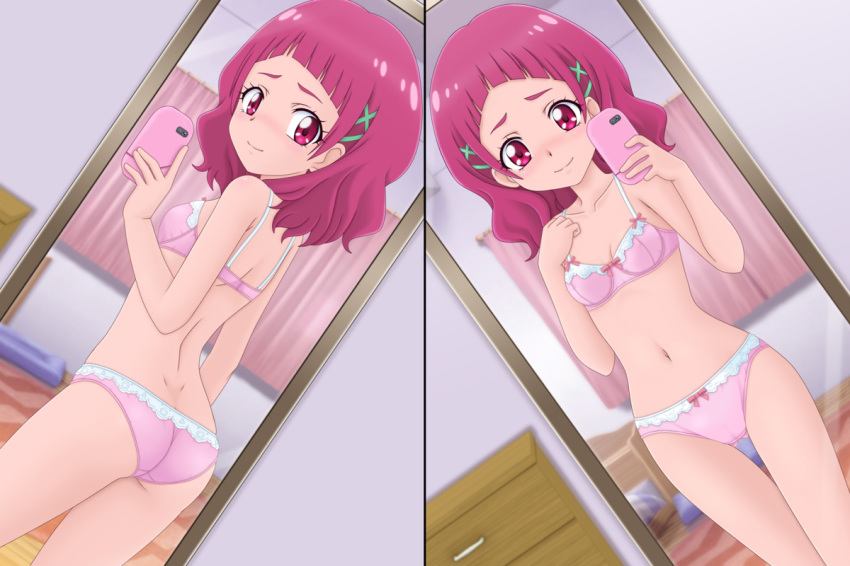 ass ass_visible_through_thighs backlighting bedroom blurry blurry_background blush bow bow_bra bow_panties bra breasts cellphone closed_mouth collarbone commentary_request crotch_seam curtains female from_behind hair_ornament hairclip hand_on_own_chest holding holding_phone hugtto!_precure indoors looking_at_viewer looking_back medium_hair miracle! mirror navel nono_hana panties phone photoshop_(medium) pink_bra pink_eyes pink_hair pink_panties precure selfie small_breasts smartphone smile solo standing thigh_gap thighs underwear underwear_only x_hair_ornament