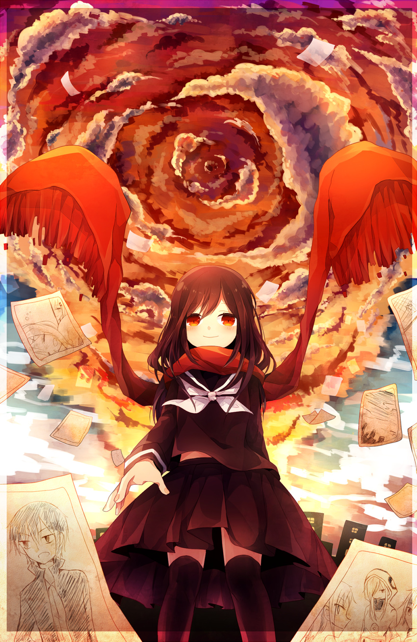 ayano_no_koufuku_riron_(vocaloid) bad_id bad_pixiv_id black_hair black_serafuku black_shirt black_skirt black_socks blue_sky border cityscape cloud cloudy_sky enpera false_smile feet_out_of_frame female floating floating_object floating_scarf fringe_trim from_below hair_ornament hairclip highres kagerou_project kano_shuuya kido_tsubomi kisaragi_shintarou kneehighs long_hair long_scarf long_sleeves midriff_peek multicolored_sky neckerchief no_hair_ornament no_hairclip nyowaa417 orange_eyes orange_sky outdoors paper photo_(object) pleated_skirt purple_sky reaching red_scarf scarf school_uniform serafuku seto_kousuke shirt single_stripe skirt sky smile socks solo striped sunset tateyama_ayaka tateyama_ayano white_neckerchief white_stripes wind winter_uniform