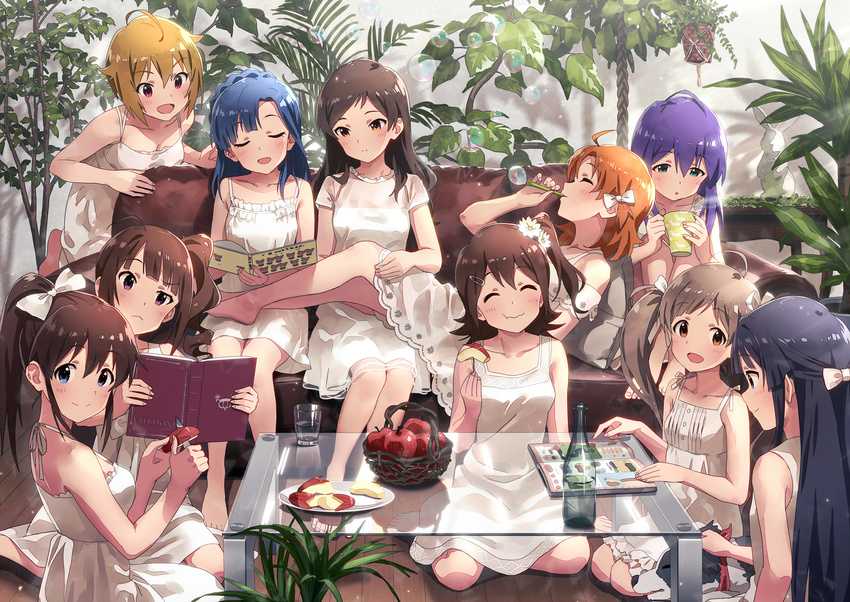 6+girls ^_^ ahoge apple apple_rabbit bare_shoulders barefoot basket black_hair blowing blowing_bubbles blue_eyes blue_hair book bottle bow braid breasts brown_eyes brown_hair bubble canine closed_eyes collarbone commentary couch cup dress drink drinking_glass eating flower food food_art fruit hair_flower hair_ornament hairbow hairclip hakozaki_serika hand_on_another's_thigh highres holding holding_book ibuki_tsubasa idolmaster idolmaster_million_live! kasuga_mirai kitazawa_shiho leaning_on_person legs_on_another's_lap long_hair looking_at_another medium_breasts mochizuki_anna mogami_shizuka multiple_girls nanao_yuriko peeling ponytail purple_hair rabbit reading red_eyes rose satake_minako side_ponytail sitting small_breasts smile soap_bubbles sonsoso twintails wariza white_bow white_dress white_flower white_rose yabuki_kana yokoyama_nao