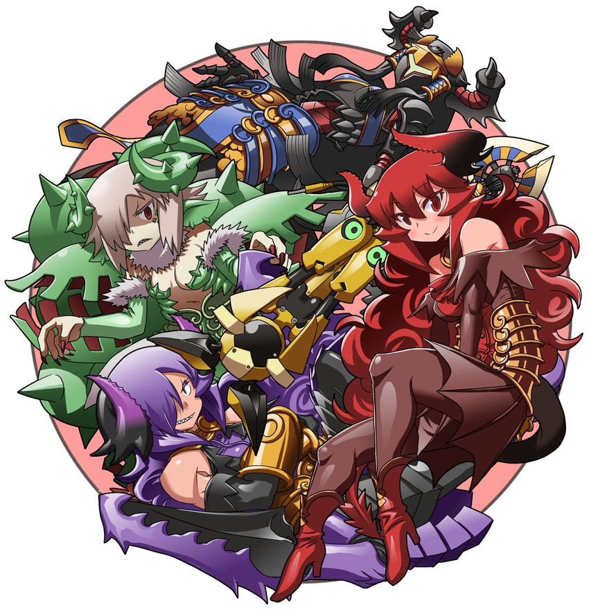 5girls armor armored_dress bad_id bad_tumblr_id cable collage faulds fingernails hair_over_one_eye helmet highres humanoid_robot leaf long_hair maou_beluzel matsuda_yuusuke monster_girl multiple_girls nise_maou_dokuzeru nise_maou_kanizeru nise_maou_kikaizeru nise_maou_sukaraberu plant plant_girl purple_hair red_eyes red_hair revision robot sharp_fingernails shiny_skin silver_hair skirt staff venus_flytrap visor yuusha_to_maou