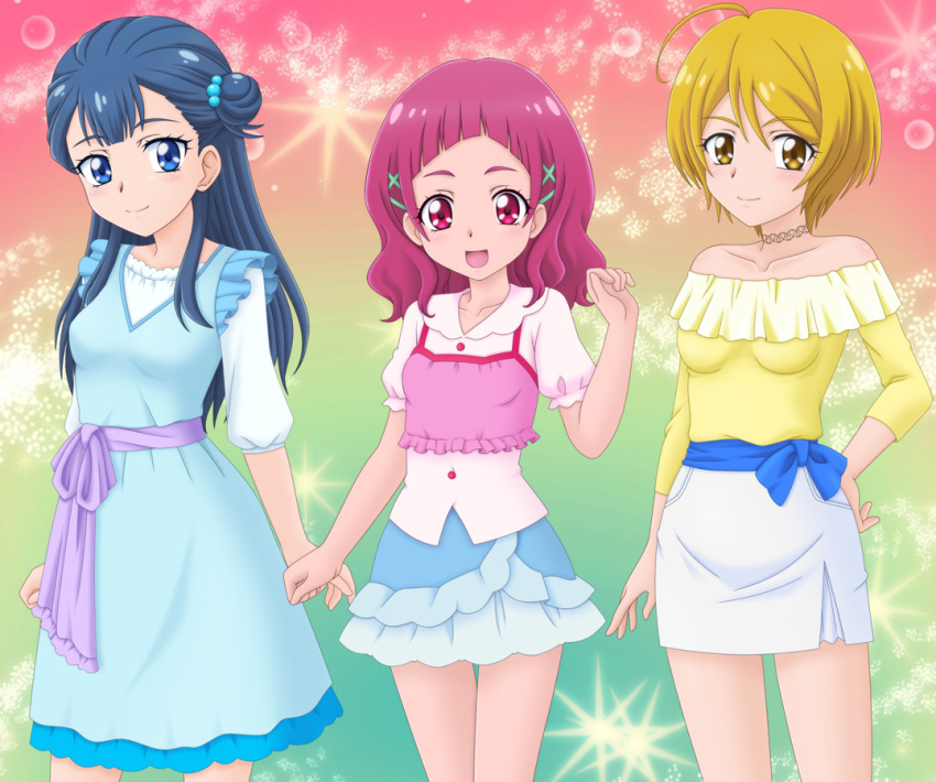 3girls :d ahoge blonde_hair blouse blue_dress blue_eyes blue_hair blue_skirt bow breasts casual clenched_hands closed_mouth collared_shirt commentary_request cowboy_shot dress hair_bobbles hair_bun hair_ornament hairclip hand_on_own_hip hugtto!_precure jewelry kagayaki_homare layered_clothes layered_skirt light_blush long_hair long_sleeves looking_at_viewer medium_breasts medium_dress medium_hair miniskirt miracle! multicolored_background multiple_girls necklace nono_hana off-shoulder_shirt off_shoulder open_mouth pencil_skirt photoshop_(medium) pink_eyes pink_hair pink_shirt precure puffy_short_sleeves puffy_sleeves sash shirt short_hair short_sleeves single_side_bun skirt smile sparkle standing underwear waist_bow white_shirt white_skirt x_hair_ornament yakushiji_saaya yellow_eyes yellow_shirt