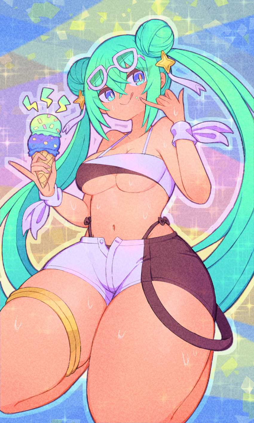 absurdres aqua_eyes aqua_hair black_shorts blue_eyes commentary female food goodsmile_racing hair_ornament hatsune_miku highres holding holding_food holding_ice_cream ice_cream ice_cream_cone long_hair looking_at_viewer micro_shorts multicolored_clothes multicolored_shorts nishitin racing_miku racing_miku_(2023) racing_miku_(2023_tropical_ver.) ribbon semi-circular_eyewear shorts sidelocks skindentation sky solo star_(symbol) star_hair_ornament sunglasses tan thigh_strap thighhighs thighs tongue tongue_out twintails very_long_hair vocaloid white_ribbon white_shorts