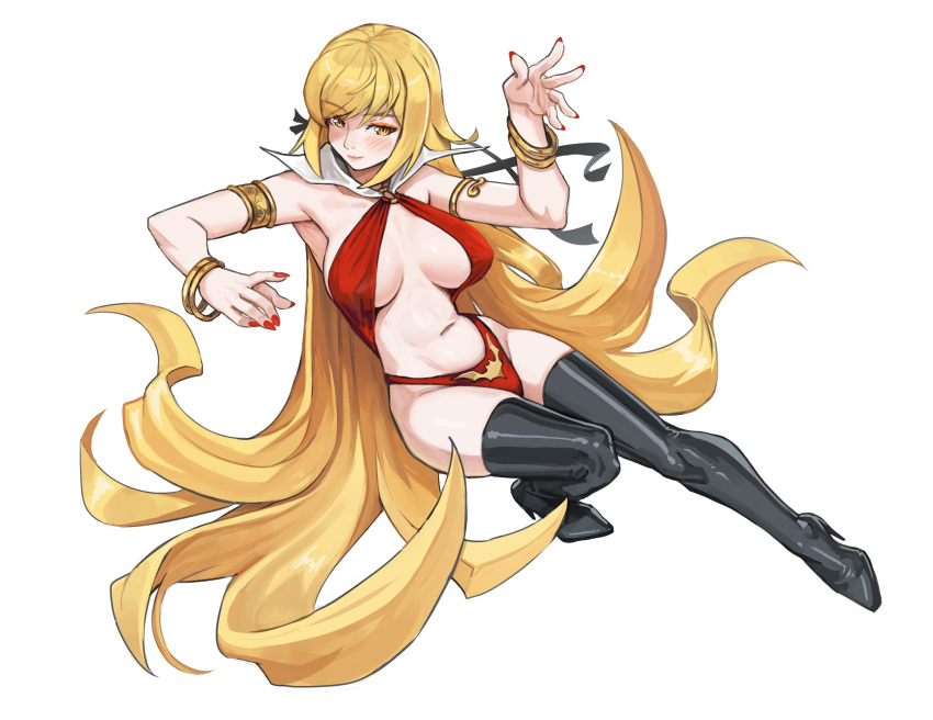 bangle black_footwear black_ribbon blonde_hair blush boots bracelet breasts closed_mouth collar cosplay female fingernails gold_armlet gold_bracelet hair_ribbon hand_up high_heel_boots high_heels highres jewelry kiss-shot_acerola-orion_heart-under-blade large_breasts long_fingernails long_hair looking_at_viewer monogatari_(series) multiple_bracelets nail_polish navel o-ring one-piece_swimsuit oshino_shinobu red_nails red_one-piece_swimsuit ribbon ricman_rt simple_background smile solo species_connection swimsuit thigh_boots vampirella vampirella_(character) vampirella_(character)_(cosplay) very_long_hair white_background white_collar yellow_eyes