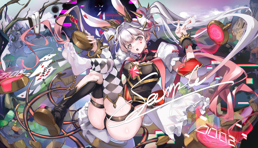 absurdres ace_(playing_card) ace_of_hearts animal_ears argyle_clothes argyle_legwear asymmetrical_sleeves black_leotard boots bracelet breasts card castle double_bun doughnut_hair_bun duel_monster english_commentary error_message facial_mark feet feet_up female full_body grey_hair hair_bun hands_up heart heart_facial_mark highres holding holding_card holding_pocket_watch jewelry leotard long_hair malice<p>white_rabbit midair multicolored_hair no_shoes pink_eyes playing_card pocket_watch rabbit_ears rabbit_girl sample_watermark showgirl_skirt skirt solo spiked_bracelet spikes thigh_boots twintails uneven_sleeves watch watermark white_skirt white_sleeves xun_li_eins yu-gi-oh!