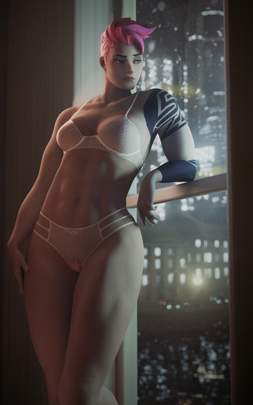 3d abs absurdres arm_tattoo blurry bokeh bra breasts building city collarbone depth_of_field female fugtrup green_eyes highres indoors looking_to_the_side medium_breasts muscular muscular_female navel overwatch panties pink_hair scar scar_across_eye short_hair skyscraper solo tattoo undercut underwear underwear_only white_bra white_panties window zarya_(overwatch)