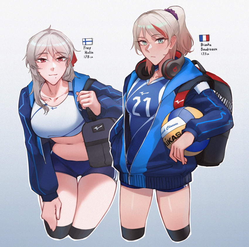 2girls absurdres bag ball beats_by_dr._dre blonde_hair blue_eyes breasts collarbone dangodes english_commentary french_flag hair_between_eyes hand_on_own_thigh headphones headphones_around_neck highres holding holding_ball jacket large_breasts leaning_forward light_blush long_hair long_sleeves looking_at_viewer midriff mole mole_under_mouth multiple_girls navel open_clothes open_jacket original ponytail purple_scrunchie red_eyes red_ribbon ribbon scrunchie short_hair short_shorts shorts shoulder_bag simple_background small_breasts smile sportswear tank_top thigh_gap thighhighs volleyball volleyball_uniform white_tank_top