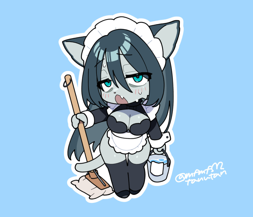 animal_ears apron aqua_eyes bags_under_eyes black_thighhighs blue_background blue_hair blush breasts bucket bucket_of_water chibi cleavage female furry furry_female holding holding_bucket holding_mop large_breasts long_hair maid maid_apron maid_headdress mop nipple-pastie_maid oerba_yun_fang original shrug_(clothing) simple_background skin_fang sweat tail tanutan_(fur-ecoro3) thighhighs