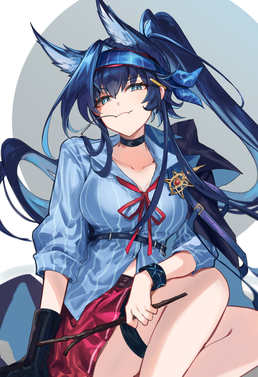 animal_ears arknights black_choker black_hair blaze_(arknights) blue_eyes blue_shirt cat_ears choker collarbone collared_shirt female hairband highres infection_monitor_(arknights) long_hair long_sleeves looking_at_viewer mabing official_alternate_costume ponytail red_skirt shirt skirt solo