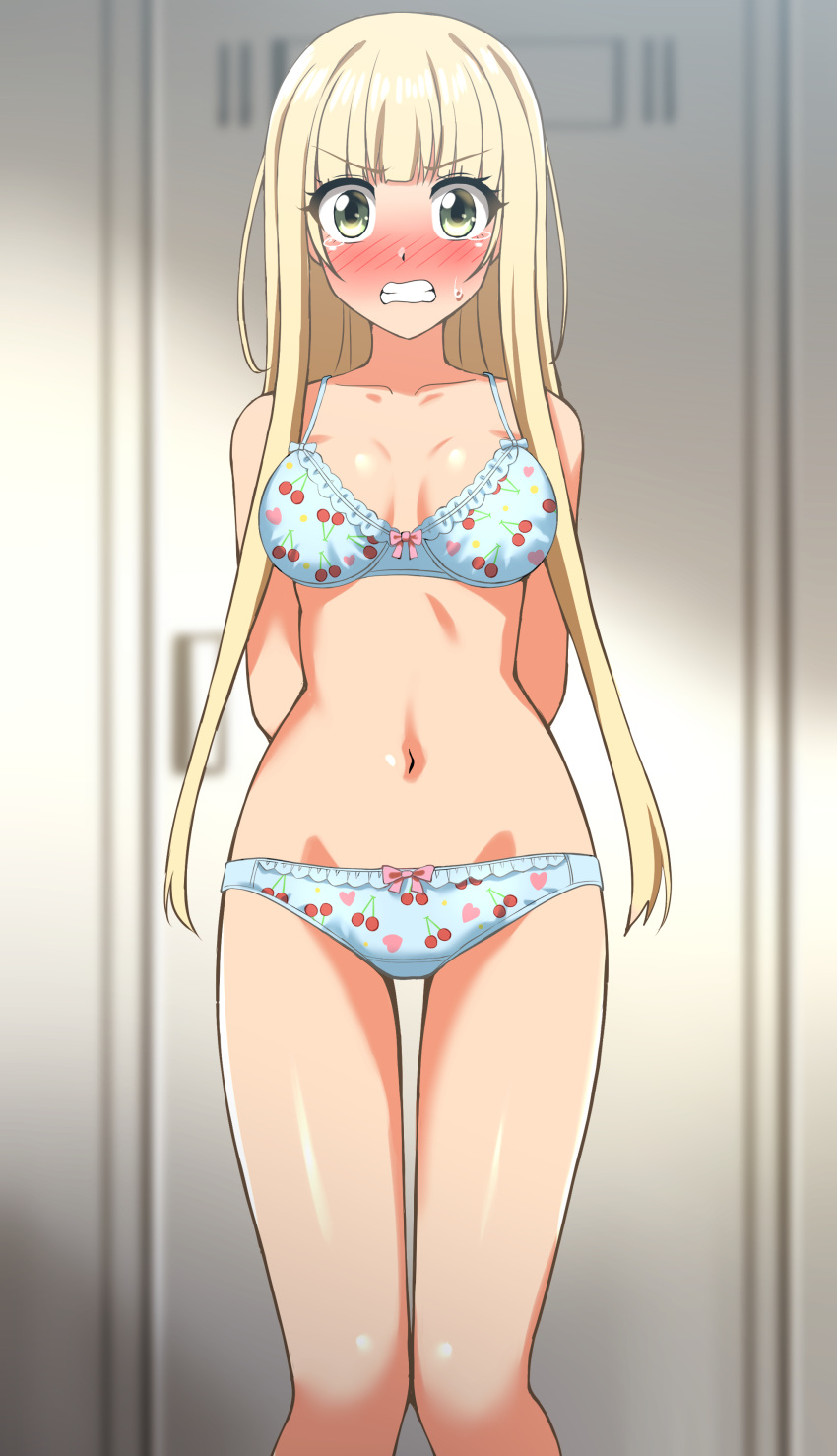 absurdres arms_behind_back blonde_hair blue_bra blue_panties blurry blurry_background blush bow bow_bra bow_panties bra breasts commission crotch_seam depth_of_field embarrassed female frilled_bra frilled_panties frills frown green_eyes grimace highres hime_cut izumi_noel locker locker_room long_hair looking_at_viewer medium_breasts navel one_room_hiatari_futsuu_tenshi-tsuki panties pixiv_commission print_bra print_panties solo standing straight_hair tearing_up underwear underwear_only zanntetu