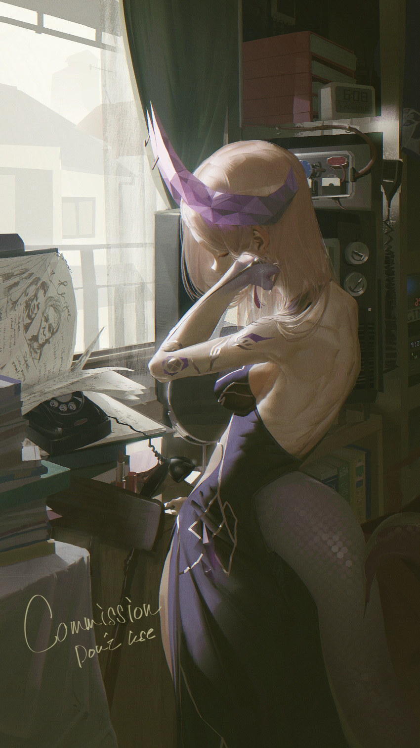 absurdres antique_phone book clock commission cosmetics digital_clock dress english_commentary female ginyuiti highres horns lipstick_tube long_hair original purple_dress purple_horns scales skeb_commission solo strapless strapless_dress tail white_hair window