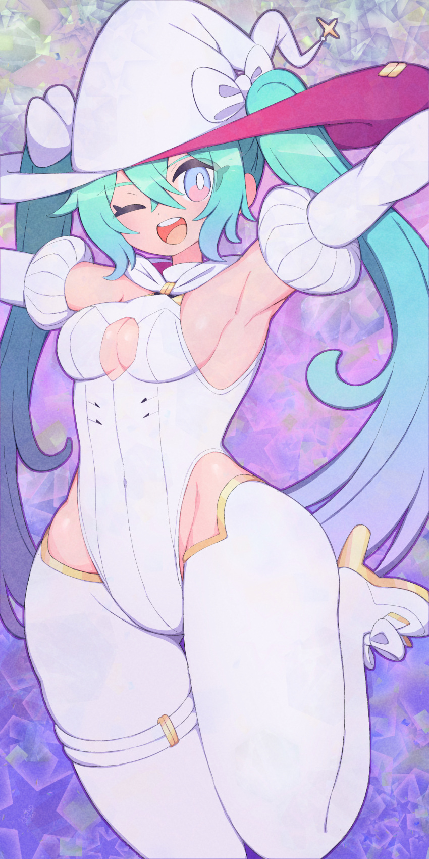 absurdres aqua_hair armpits blue_eyes blue_hair bow breasts clothing_cutout elbow_gloves female gloves goodsmile_racing hat hatsune_miku highres leotard logo long_hair looking_at_viewer multicolored_hair nishitin open_mouth racing_miku racing_miku_(2024) smile solo twintails very_long_hair vocaloid white_bow white_gloves white_hat white_leotard witch_hat