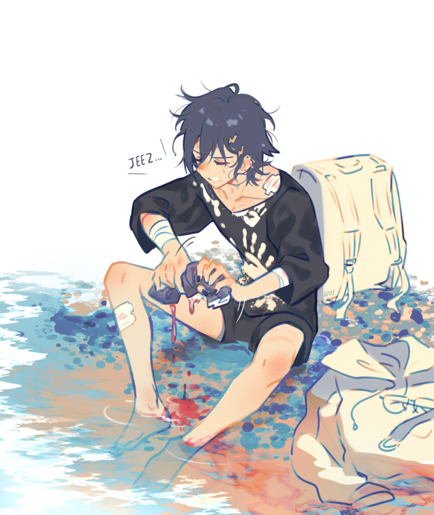 1boy backpack bag bandaid barefoot black_hair blood blood_on_clothes closed_eyes collarbone earrings english_commentary hair_between_eyes hair_ornament hairclip handprint highres holding holostars jewelry kanade_izuru lightning_bolt_hair_ornament lightning_bolt_symbol male_focus mono_(bluesky) partially_submerged shirt short_hair shorts sitting solo virtual_youtuber washing water