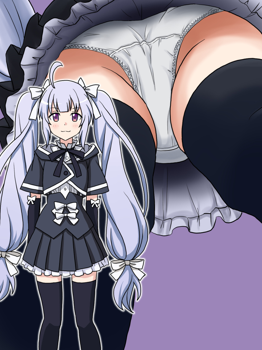 ahoge ass assault_lily black_gloves black_ribbon black_shirt black_skirt black_thighhighs bow closed_mouth collar commentary_request commission crotch_seam dress_shirt elbow_gloves female frilled_collar frilled_skirt frills from_below gloves hairbow high_collar highres lielos long_hair looking_at_viewer low-tied_long_hair miniskirt miriam_hildegard_von_gropius mtu_virus multiple_views neck_ribbon panties partial_commentary pixiv_commission pleated_skirt purple_background purple_hair red_eyes ribbon shirt short_sleeves skirt smile standing thighhighs twintails underwear upskirt very_long_hair white_bow white_panties white_shirt