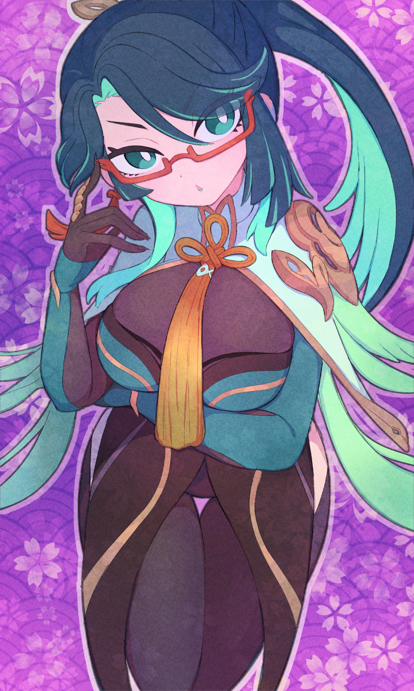 absurdres aqua_eyes black_hair blue_hair breasts cloud_retainer_(genshin_impact) colored_inner_hair earrings female genshin_impact glasses gloves green_hair hair_ornament highres horns jewelry large_breasts long_hair long_sleeves looking_at_viewer multicolored_hair multiple_girls nishitin red-framed_eyewear semi-rimless_eyewear solo tassel two-tone_hair very_long_hair xianyun_(genshin_impact)