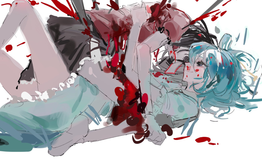 2girls black_eyes black_hair blood blood_drop blood_from_mouth blood_on_face blood_on_ground blue_dress dress frilled_sleeves frills hair_rings hand_on_another's_back highres injury kaku_seiga long_hair looking_at_another lying miyako_yoshika multiple_girls ofuda ofuda_on_head on_back purple_hair red_shirt sesmkun shirt short_hair short_sleeves simple_background smile straddling touhou white_background yuri