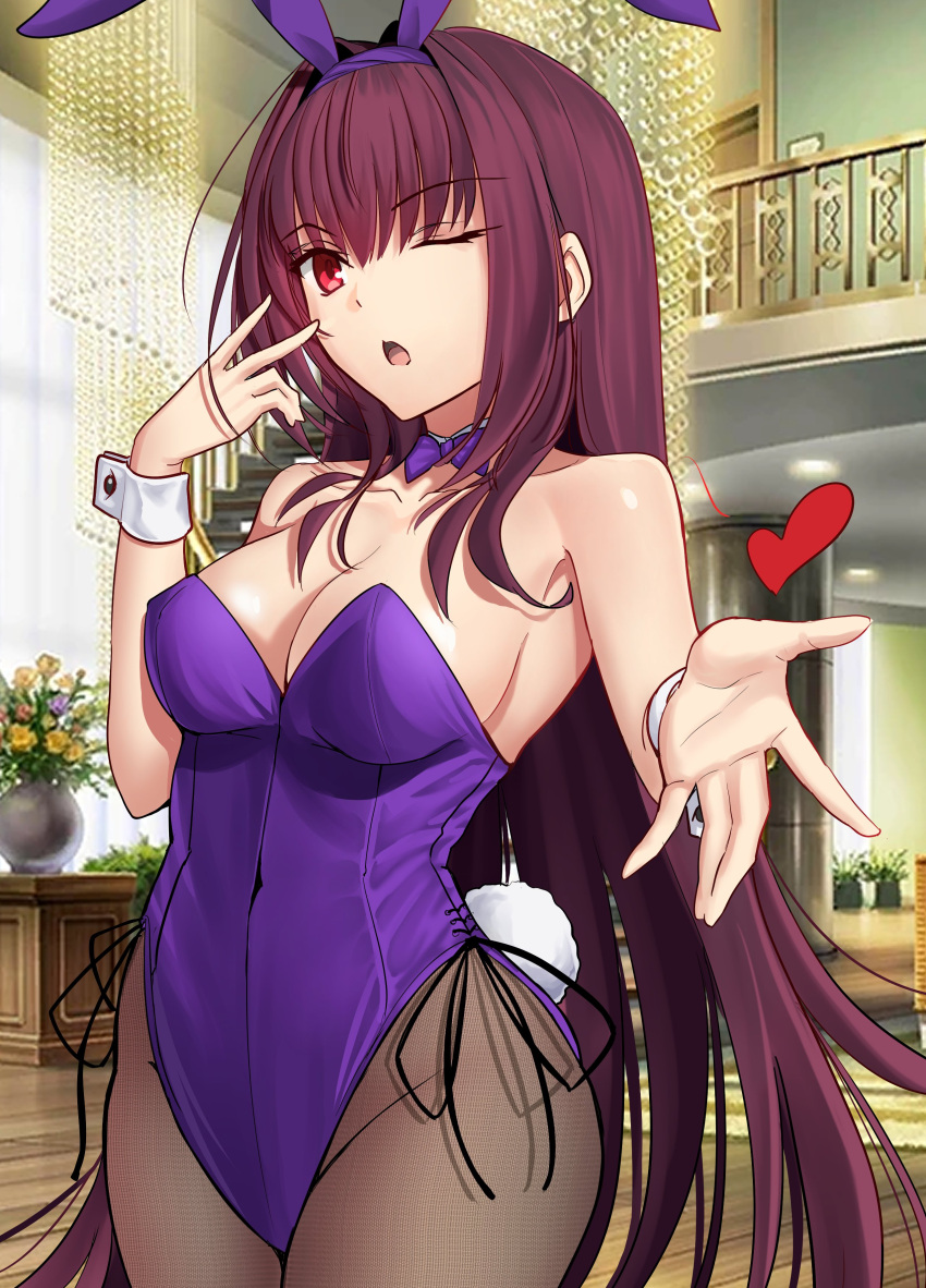 absurdres animal_ears bare_shoulders breasts cleavage detached_collar fake_animal_ears fate/grand_order fate_(series) female highleg highleg_leotard highres large_breasts leotard long_hair longdq3008 looking_at_viewer open_mouth pantyhose playboy_bunny purple_hair purple_leotard rabbit_ears red_eyes scathach_(fate) scathach_(piercing_bunny)_(fate) solo wrist_cuffs