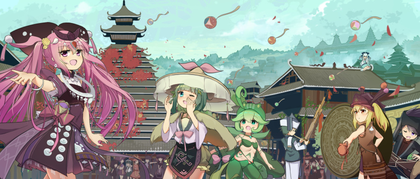 2boys 6+girls architecture black_hat blonde_hair china chinese_clothes drum east_asian_architecture frog_hat guangxi hat highres house instrument jewelry long_hair mandarin_collar multiple_boys multiple_girls neck_ring necklace original outdoors pagoda pink_eyes pink_hair shorts sky tassel weimao xyy25 zhuang_clothes zhuang_hat