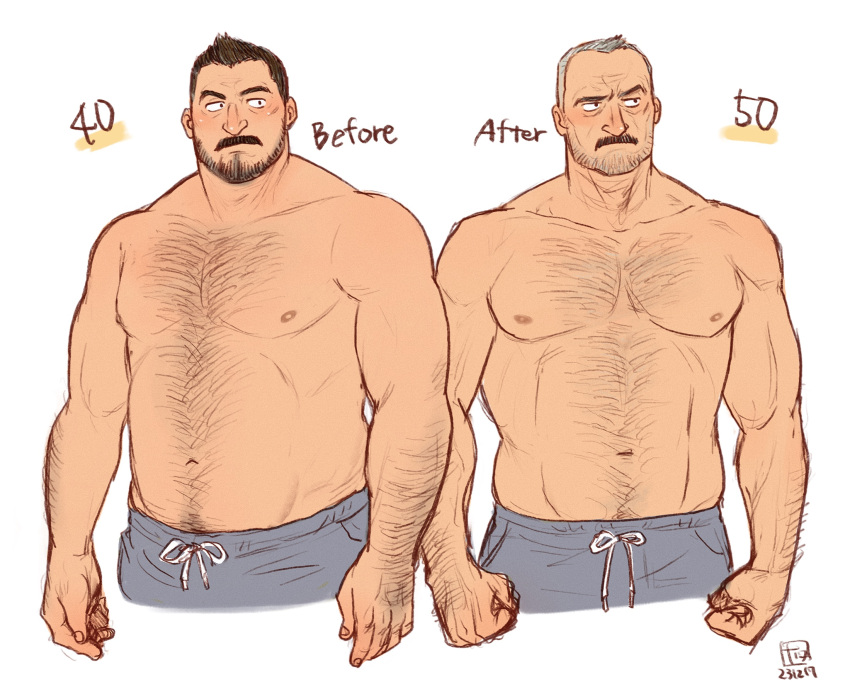 1boy aaron_gruber_(o_natsuo88) age_progression arm_hair bara beard_stubble black_hair chest_hair cropped_legs facial_hair grey_hair highres male_focus mature_male moustache multiple_views navel_hair nipples o_natsuo88 old old_man original plump receding_hairline scar scar_on_cheek scar_on_face shirt short_hair simple_background stubble thick_eyebrows thick_mustache topless_male white_background wrinkled_skin