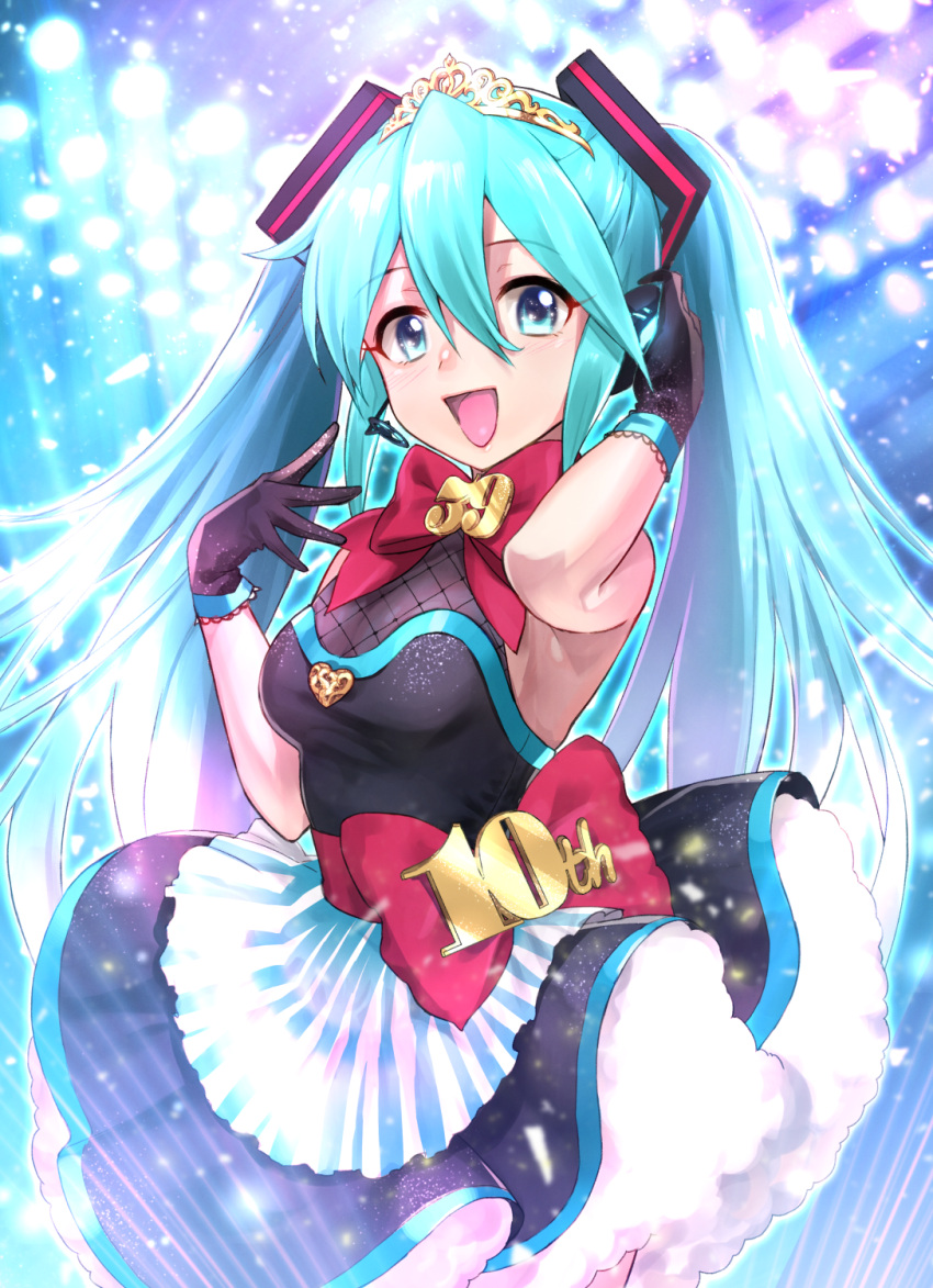 39 :d anniversary aqua_hair black_gloves blue_eyes bow breasts cleavage commentary dress female gloves hair_between_eyes hatsune_miku headset highres open_mouth red_bow smile solo tiara tongue twintails ukamaru vocaloid