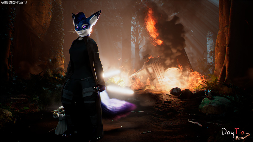 3d_(artwork) anthro c4d clothed clothing daytia digital_media_(artwork) female forest fur gloves grogu hair handwear hi_res lightsaber looking_at_viewer melee_weapon plant pose posed rexouium salan smile star_wars sword tail the_mandalorian tree weapon white_body