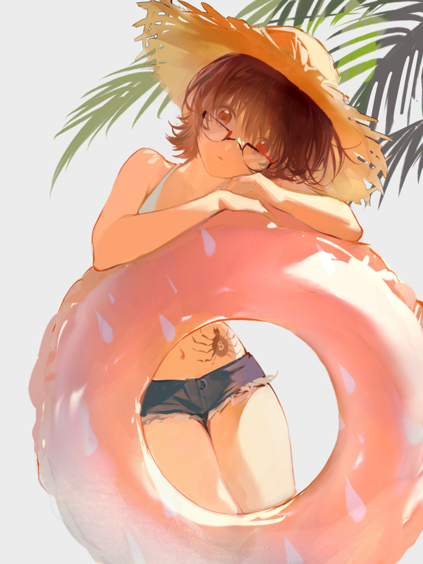 arm_support bikini blue_shorts brown_hair closed_mouth commentary expressionless female glasses hat highres hunter_x_hunter looking_at_viewer palm_tree red_eyes second_(byou) shizuku_murasaki short_shorts shorts simple_background solo spider_tattoo straw_hat swim_ring swimsuit symbol-only_commentary tattoo tree white_background white_bikini