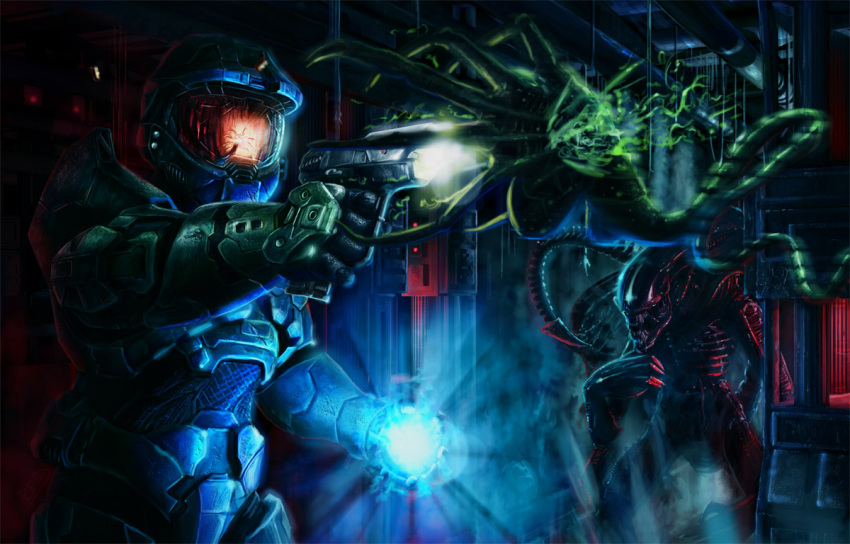 acid_blood alien alien_(franchise) ambiguous_gender armor crossover disney exoskeleton facehugger feral group gun halo_(series) handgun headgear helmet human long_tail male mammal master_chief microsoft pistol rahll_(artist) ranged_weapon solo_focus spartan_(halo) spartan_armor_(halo) sticky_bomb tail trio violence weapon xbox_game_studios xenomorph