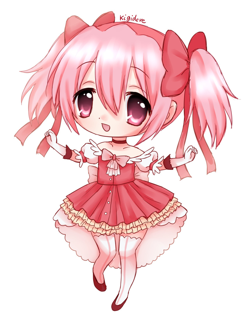 absurdres artist_name bow chibi chibi_only choker dress female frilled_dress frills full_body gloves highres kaname_madoka kigidere mahou_shoujo_madoka_magica open_mouth pink_eyes pink_hair puffy_short_sleeves puffy_sleeves red_dress ribbon short_sleeves short_twintails simple_background solo standing thighhighs twintails white_background