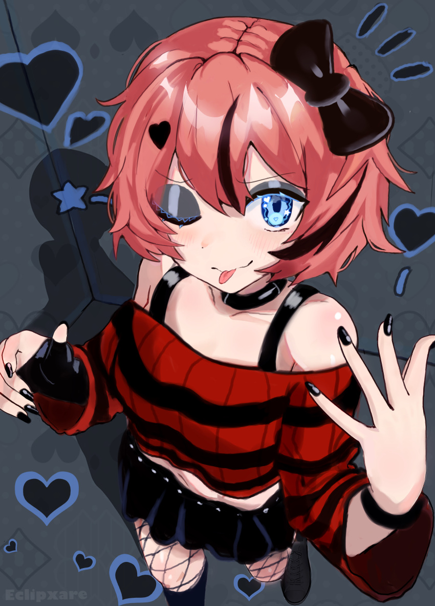 black_boots black_eyelashes black_eyeliner black_highlights black_nail_polish black_nails black_shirt black_skirt blue_eyes bowtie bowtie_on_head casual choker doki_doki_literature_club female female_only fishnet_legwear fishnets goth goth_girl gothic gothic_girl gothified gray_background heart hearts_around_body light_blue_eyes looking_at_viewer miniskirt nail_polish pink_hair pose red_and_black red_shirt sayori_(doki_doki_literature_club) shoulderless_shirt shoulderless_sweater solo solo_female sparkling_eyes striped_shirt tongue tongue_out wink winking winking_at_viewer