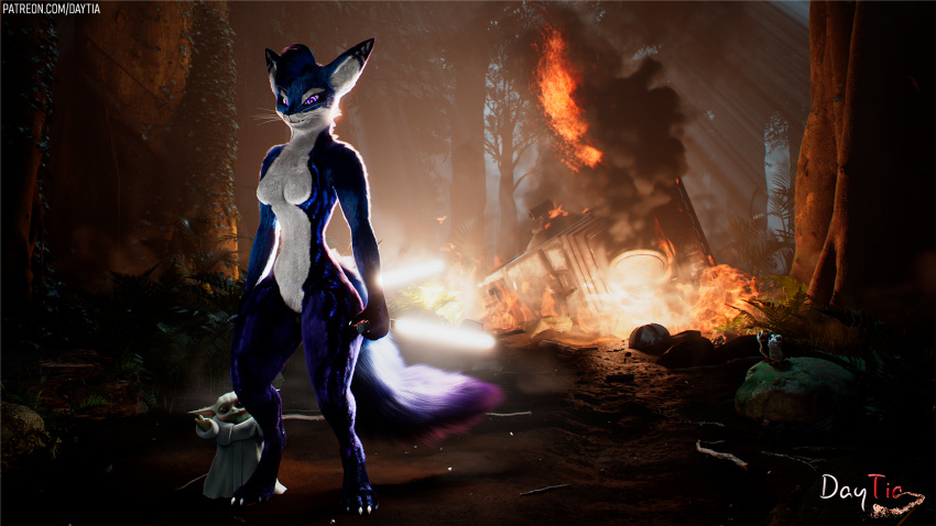 3d_(artwork) anthro c4d clothed clothing daytia digital_media_(artwork) female forest fur gloves grogu hair handwear hi_res lightsaber looking_at_viewer melee_weapon plant pose posed rexouium salan smile star_wars sword tail the_mandalorian tree weapon white_body