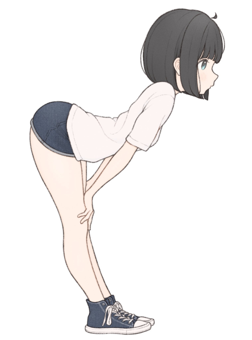 1ssakawaguchi ahoge black_hair blue_footwear blue_shorts bob_cut converse denim denim_shorts female from_side full_body grey_eyes hands_on_own_knees highres ichika_(1ssakawaguchi) leaning_forward legs original shirt short_hair short_shorts short_sleeves shorts simple_background solo standing t-shirt thighs white_background white_shirt