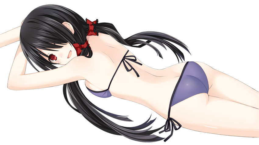 :d ass back bikini black_hair blue_bikini blush breast_press breasts butt_crack cowboy_shot date_a_live date_a_live:_arusu_install dutch_angle extraction female frills from_above from_behind hair_over_one_eye hair_over_shoulder hair_ribbon happy holding_own_arm legs_together long_hair looking_at_viewer looking_back low_twintails lying medium_breasts mg_renders official_art on_stomach one_eye_closed open_mouth red_eyes ribbon side-tie_bikini_bottom sideboob smile solo string_bikini swimsuit thighs tokisaki_kurumi transparent_background tsunako twintails