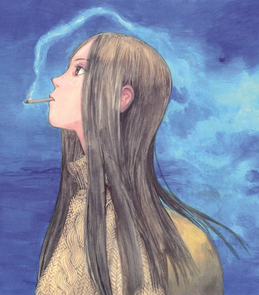 brown_eyes brown_hair cigarette emanon_(character) female freckles from_side highres long_hair memories_of_emanon official_art profile smoking solo traditional_media tsuruta_kenji