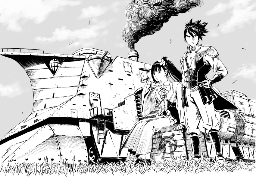 1boy absurdres boots bracer commentary_request crate cross-laced_footwear day female flower grass greyscale hair_flower hair_ornament hand_in_own_hair hand_on_own_hip highres koutetsujou_no_kabaneri kurusu_(kabaneri) ladder monochrome outdoors ponytail sitting smoke spiked_hair standing train turret ume_(yume_uta_da) wide_sleeves yomogawa_ayame