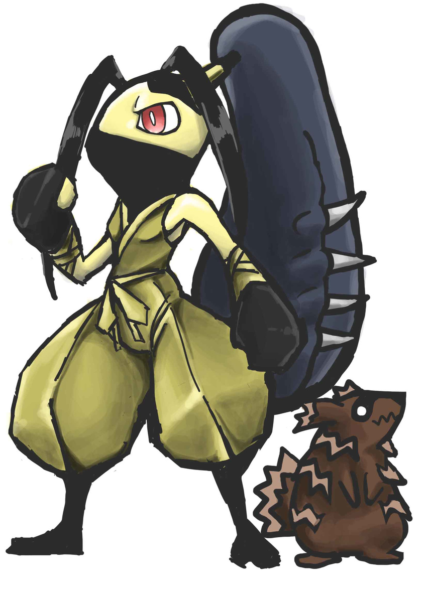 antenna_hair baggy_pants character_request commentary_request cosplay extra_mouth highres ibuki_(street_fighter) ibuki_(street_fighter)_(cosplay) jpeg_artifacts mask mawile mouth_mask ninja no_humans pants photoshop_(medium) pokemon pokemon_(creature) red_eyes sakurametaru solo_focus street_fighter