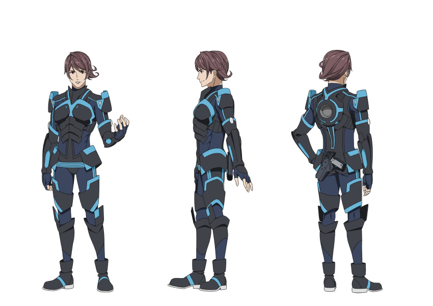 1boy armor ass black_bodysuit black_footwear blue_bodysuit blue_gloves bodysuit brown_eyes brown_hair clenched_hand egao_no_daika from_behind from_side full_body gloves grey_footwear gun hand_on_own_hip hand_up highres huey_malthus kneepits looking_at_viewer male_focus multiple_views muscular nakamura_naoto official_art open_hand parted_lips pilot_suit profile reference_sheet science_fiction shoulder_pads simple_background smile standing weapon weapon_request white_background